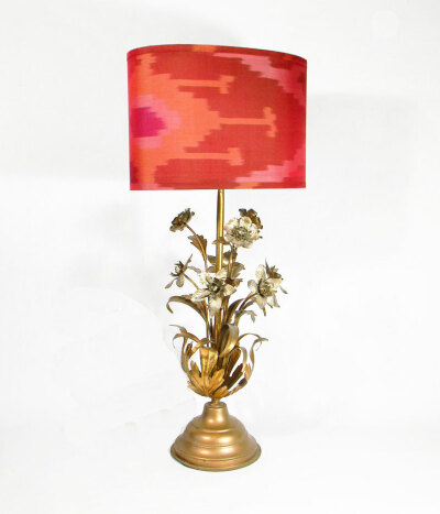 Vintage Ikat Lampshade - Coral Hot Pink Gold Oval