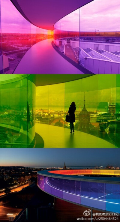 来自冰岛艺术家Olafur Eliasson就将彩虹放到了室内，他为丹麦ARoS Aarhus美术馆设计的Your Rainbow Panorama，就让丹麦的天空出现一道永不抹灭的彩虹！这个彩虹建筑走道全长150公尺，3公尺宽，3公尺高，环绕在博物馆…