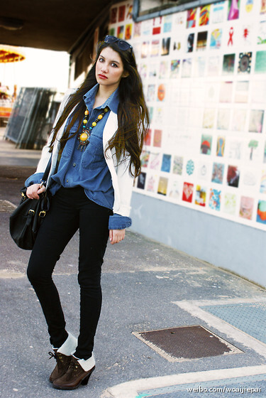 Brown Fur Lined Boots, Denim Shirt, Yellow Bead Necklace, Dorothy Perkins White Blazer, Vero Moda Black Trousers