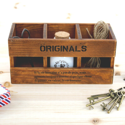 zakka杂货 复古 做旧 木质 实木 三格 笔筒 首饰盒 收纳盒子