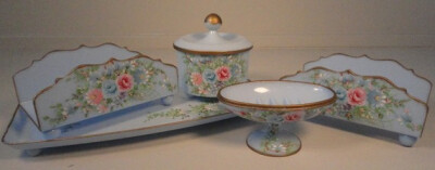 Handpainted Floral Pale Blue Vintage Vanity Set Powder Room Set