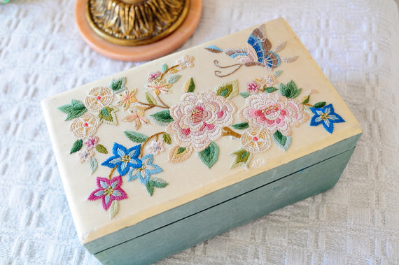 English countryside.. Vintage embroidery art jewelry music box