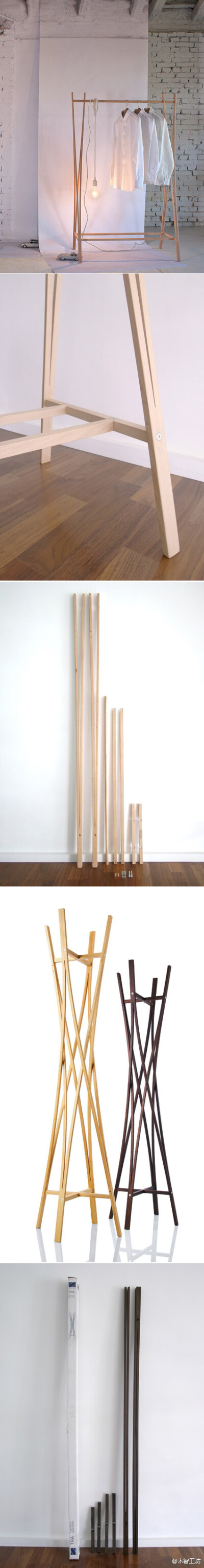 Tomoko Azumi为意大利Zilio A&amp;C公司设计的两件作品。Tra-ra和TRA coat stand，榉木制作，结构很巧妙。