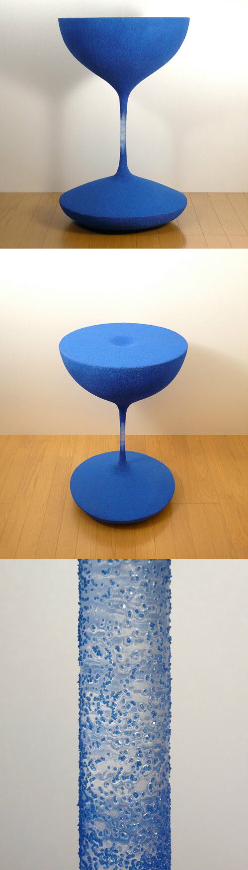日本设计师小泉忍设计了一款名为“Moment（瞬间）”的咖啡桌，桌子由沙子做成，看上去像是一个沙漏。 设计师希望人们能抽出点时间来喝杯咖啡，或者读一本书，这样就可以让时间停止。 小泉忍的另一幅作品叫做“Eternal（永恒）”，一把用石头做成的椅子。