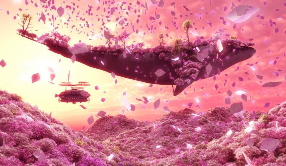 紫色调插画，飞翔的鲸鱼