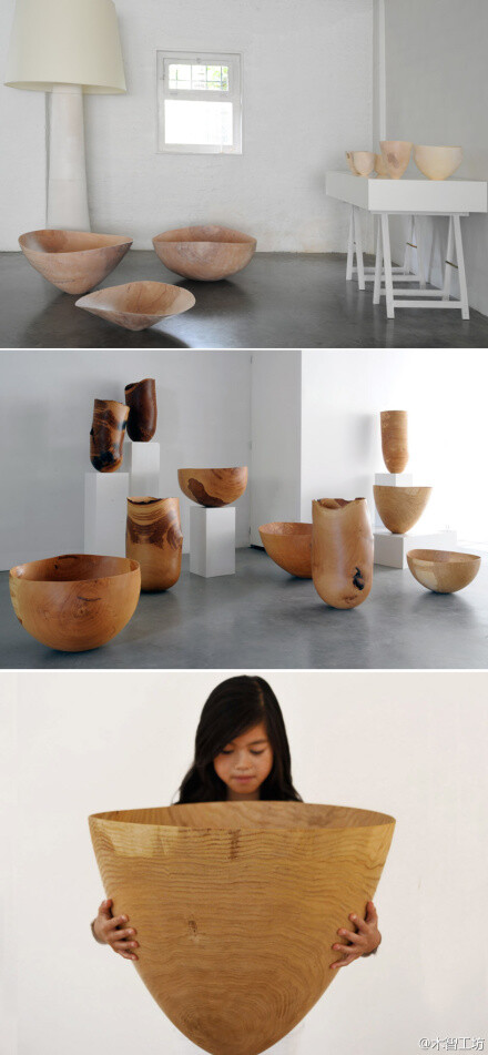 丹麦雕塑家hans-henning pedersen在galerie sofie lachaert画廊展出的木碗系列作品“wood boost”。