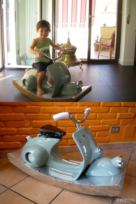  『最酷的木马摇椅』意大利小型摩托车品牌Vespa的一个客户，将自己的老款Vespa摩托改装成了外孙Diego的木马摇椅，而他的外孙也对这个玩具爱不释手！