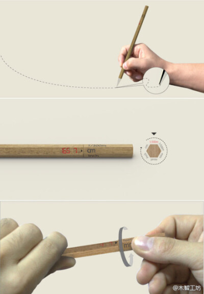  韩国Monocomplex工作室的一款特殊测量器“The Free Form Ruler”，外型犹如一支铅笔。铅笔顶端附近有个LED屏，可以显示笔尖画出的直线或曲线的长度,还可以调节不同的测量单位。via: http://t.cn/aYLGYF