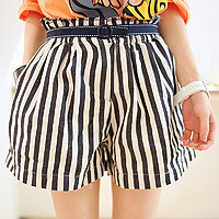 【甜心家】2012春装新款女装韩国单麻料竖条纹高腰短裤配腰带