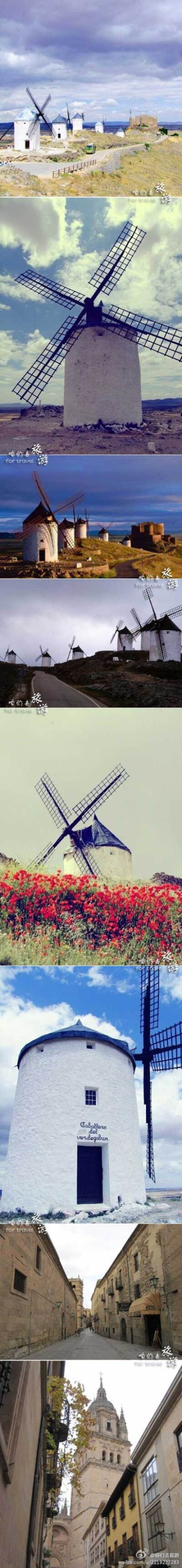 【康苏埃格拉】西班牙的康苏埃格拉村（Consuegra）风车村！是不是很诗意呀，小说《堂吉诃德》里的故事就发生在这里哦！这里的风车没有门票费用，唯一的收费景点是山上的城堡，门票3欧元，其历史可以追溯到12世纪。