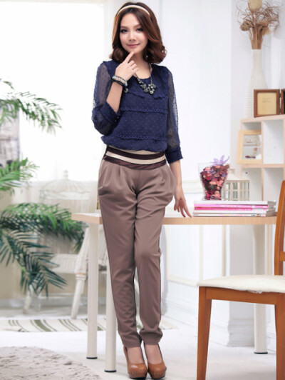 波尔卡小圆点七分袖时尚蕾丝边波点雪纺衫~~~