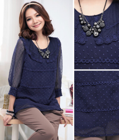 波尔卡小圆点七分袖时尚蕾丝边波点雪纺衫~~~