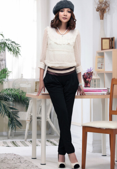 波尔卡小圆点七分袖时尚蕾丝边波点雪纺衫~~~