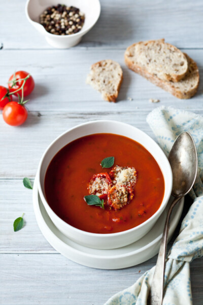 roasted tomato soup with tomato parmesan croutons.