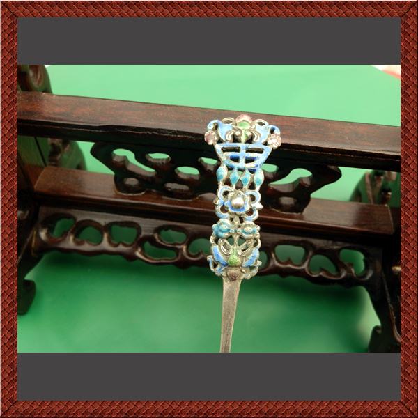 纯银发簪/手工镂空雕刻/珐琅彩老银器/烧蓝老头叉/