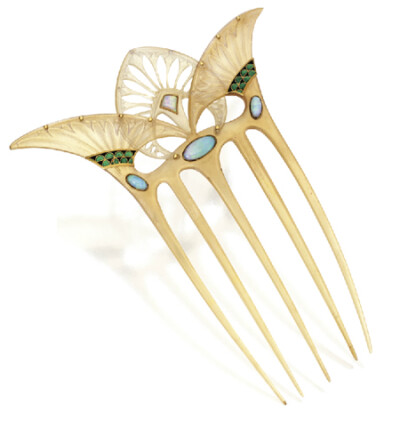 Gold, tortoiseshell, opal and enamel hair comb, Georges Fouquet, France, circa 1905-1908.