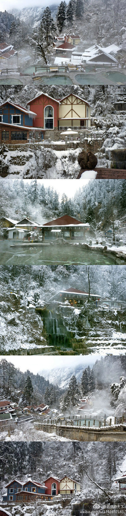 【四川 海螺沟】身边一片白雪皑皑，露天温泉的池蒸汽滚滚腾空，使原始森林中的绿树与奇花异草朦胧一片，影影绰绰。在热乎乎的天然温泉里欣赏雪花漫天飞舞，何等浪漫