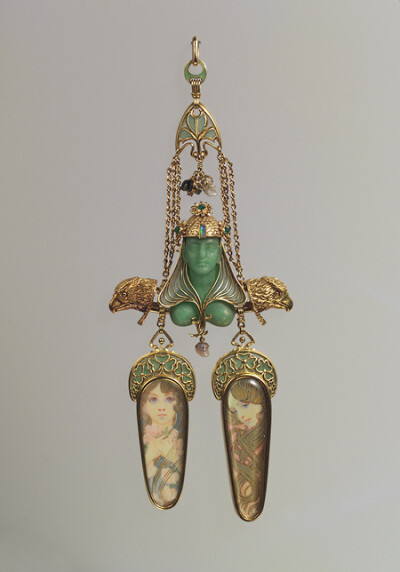 Brooch, ca. 1900 Manufacturer: Georges Fouquet (French, 1862–1957); Designer: Alphonse Mucha (Czech, 1860–1939) Gold, enamel, mother-of-pearl, opal, emerald, colored stones, gold paint