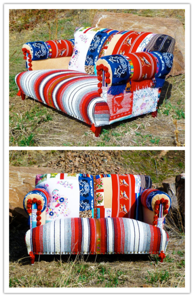 翻新自20世纪90年代的双人小沙发，应用了各式各样墨西哥毛毯风格的拼布和皮革拼接而成，真想自己也DIY一件旧沙发~