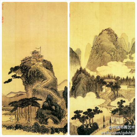 明 沈周《两江名胜图》--- 此二幅绘长江淮河两岸的名胜风景，画面撷取富有特征的景物，简明却构成诗意盎然的境界。每幅构思，单纯集中，情景融合，意味隽永。用笔质朴、凝重，山峦的繁笔勾皴和屋宇的简笔勾勒，形成疏密的对比，墨色也富有虚实轻重的变化，使画面产生强烈的装饰美感。