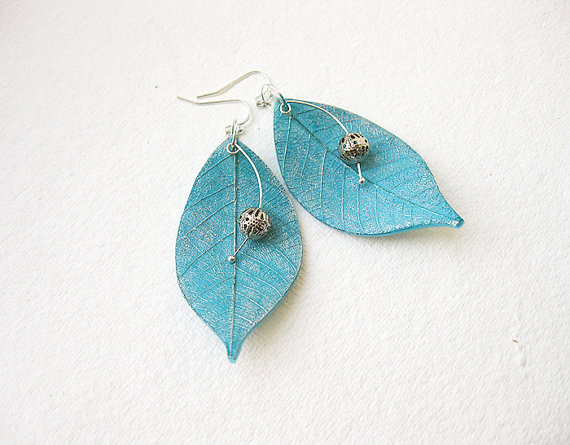 Turquoise Blue Silver Leaves Clay Earrings