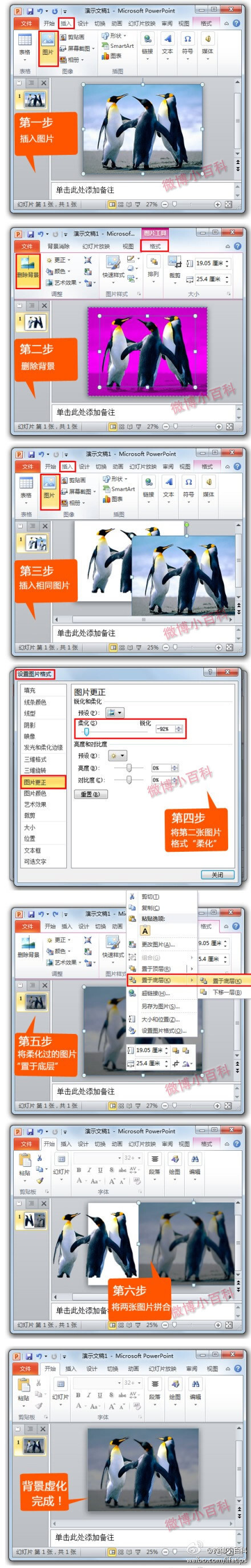 【PPT也可以让图片背景虚化】编辑office文档过程中，有时我们经常需要将某些图片的背景虚化，从而突出主体部分。其实PowerPoint2010也可以轻松虚化背景：插入图片→删除图片背景→插入第二张相同图片→设置图片格式进行"柔化"→第二张图片"置于底层"→将两张图片拼合重叠在一起→完成！