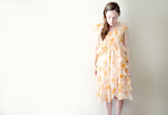 vintage 1920s dress - 20s silk chiffon dress / peach floral print