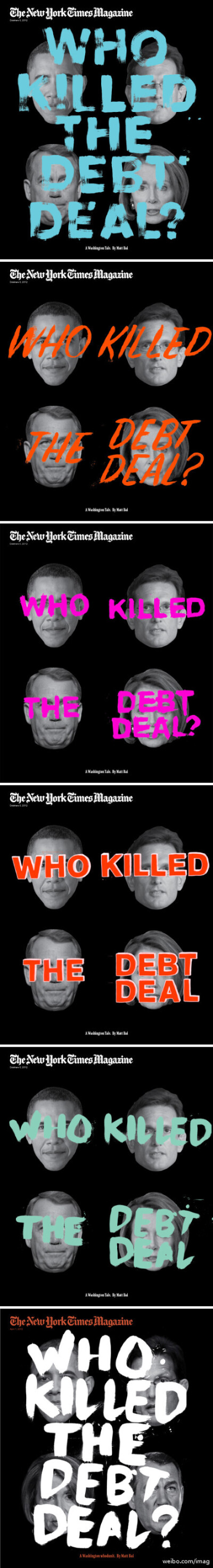 为了手写‘Who Killed the Debt Deal?’这几个大字的效果，#纽约时报杂志#尝试了很多种手法，最终定稿是最后一个