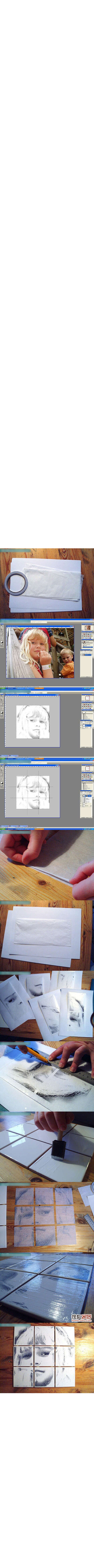 材料，空白瓷砖和打印纸以及拷纸 制作步骤：在ps中处理你的照片 把拷贝纸用双面胶粘到打印纸上，要注意一定要粘平整，不然会使打印机夹纸，甚至损坏打印机 把你处理好的照片打印出来以后按照瓷砖的大小裁切下来 在瓷…