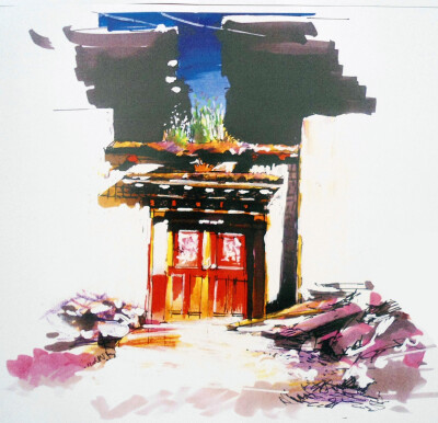 手绘写生，藏式居民建筑，很喜欢那种天空的蓝~~~