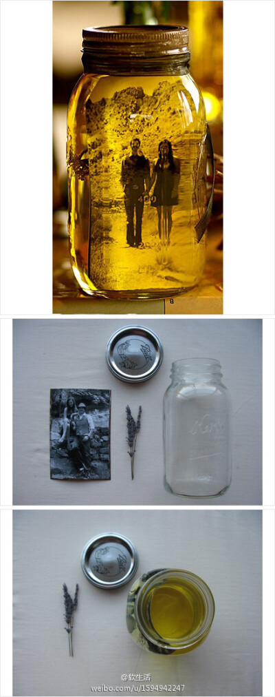 选一张黑白照片放入装满橄榄油的玻璃罐内，就可以制作出一个独特的VINTAGE“相框”。BTW：照片最好是选择黑白的，加入薰衣草干花一支味道更佳~