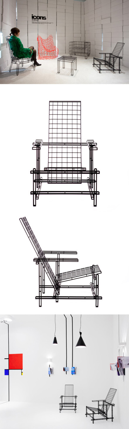 捷克设计师Jan plechac完成的“icons”系列家具，用金属丝描摹了一系列经典家具的轮廓，相当于对现代设计的再次抽象。其中的“icon 03” 的原型是里特维尔德红蓝椅（red blue chair）。