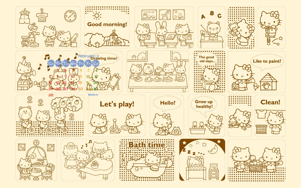 2010年2月日历壁纸,Hello Kitty 可爱宽屏桌面背景,2010年7月日历壁纸/月历桌面壁纸【网友制作第11集】