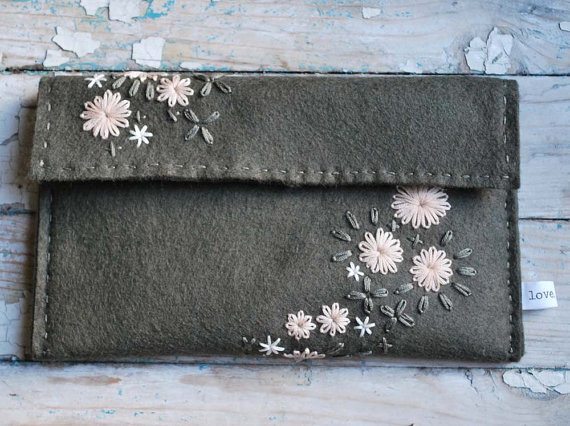 Clutch Wool Felt Medium Size Hand Embroidered Wool Felt olive green pale pink ivory