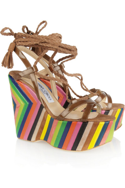 JIMMY CHOO Pearl striped leather and suede platform wedges