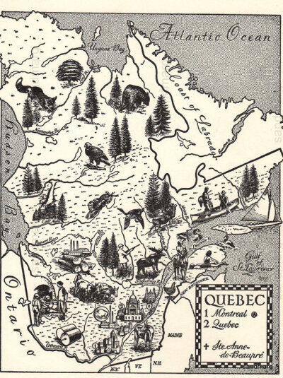 Vintage 1944 Illustrated Picture Map of Quebec