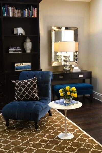 Reading room: royal blue and yellow accent (gray or black cushions)