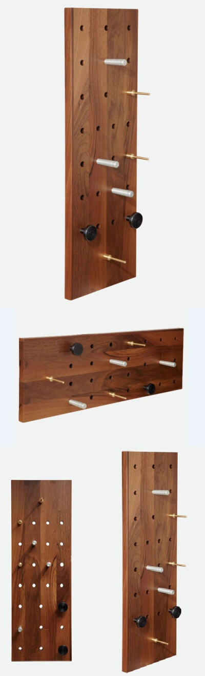 “Timberly”是一款壁挂式衣帽架，采用一整块实木板，钻有26个安放挂钩的洞，可以根据自己的喜好横着或立着放置。“Timberly”配有不同样式的挂钩。挂钩由钢、铝和铜不同材质制作，可以根据挂置物品的的不同进行选择…