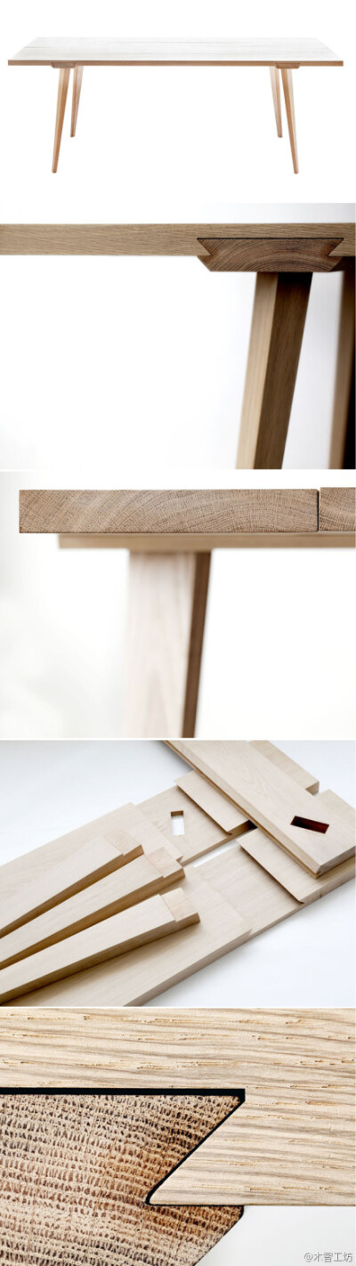 丹麦设计师Julian Kyhl设计的全榫卯搭接桌子“Timber”。一共10块组件，相互之间通过榫卯组成，依靠自身重量保持稳定。
