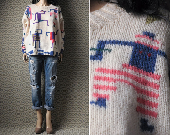 vintage tribal people geometric sweater / oversized / s / m