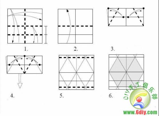  1.对折出垂直和水平的两条中心线，下面折向水平中心线，留下的折痕为水平四等线，步骤3中会用到此折痕； 2.下边向上对折 3.上面的两个点向中心折，落在步骤1得到的四等分线上，折痕即为正六边形的两条边，这也叫60度折； 4.上边的中点向左下方折，使其落在四等分线上，折痕与上一步得到的一条六边形的边交叉，得到一个交点，右侧同法，完成后，又得到一个交点，沿着这两个交点水平折，六边形的又一条边出来了；展开如图5。图6中阴影部分即为正六边形。