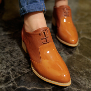 欧美漆皮拼接系带小皮鞋