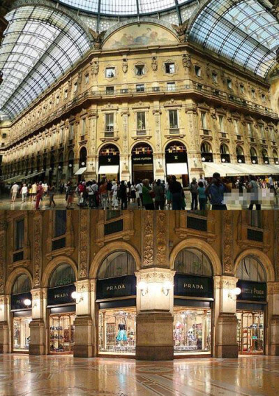 Galleria Vittorio Emanuele Ⅱ汇聚了80多家国际一线品牌。中央拱廊下的Prada精品店规模和橱窗布置都是米兰数一数二的，橱窗布置天天更新。