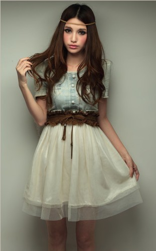 连衣裙复古牛仔网纱雪纺连衣裙子