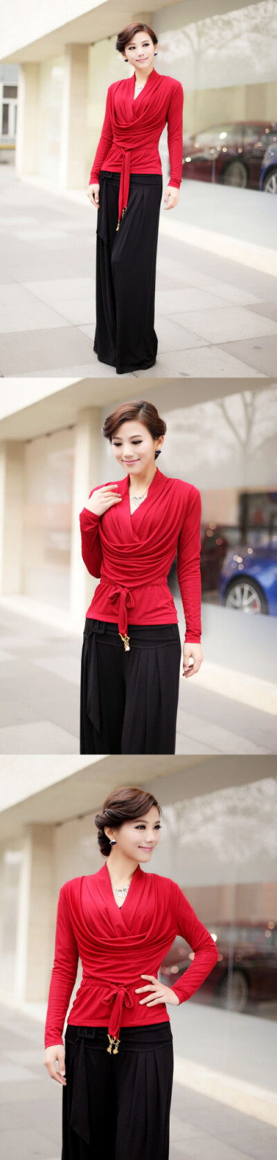 品质女装 时尚 修身V领褶皱 长袖T恤 女