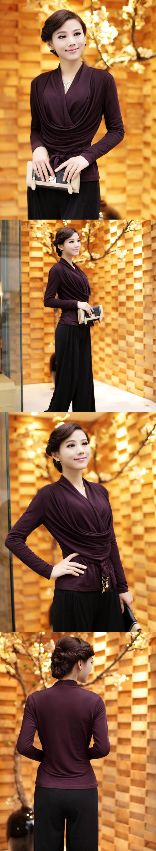 品质女装 时尚 修身V领褶皱 长袖T恤 女