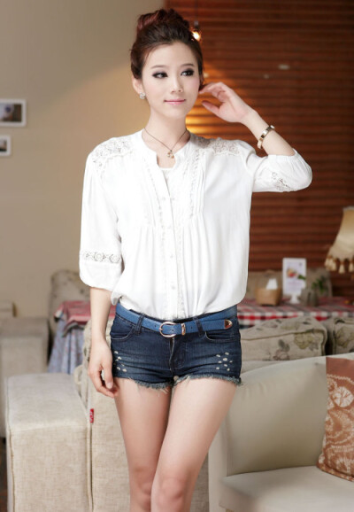 韩版新款夏装女装圆领中袖蕾丝拼接衬衫 女