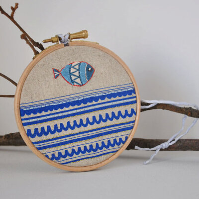 Drop Fish 2 - mixed media Round Dreams - embroidery art &amp; screen print - 4&#39;&#39;