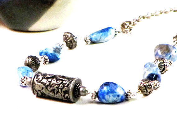 Bohemian Blue Jasper Necklace Gypsy Vintage Ethic Beads Silver Findings