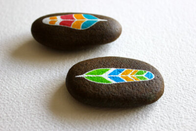 Painted Stones - Neon Rainbow Feathers - Original Art - Modern Home Decor